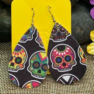 Skulls Halloween Teardrop Faux Leather Earrings